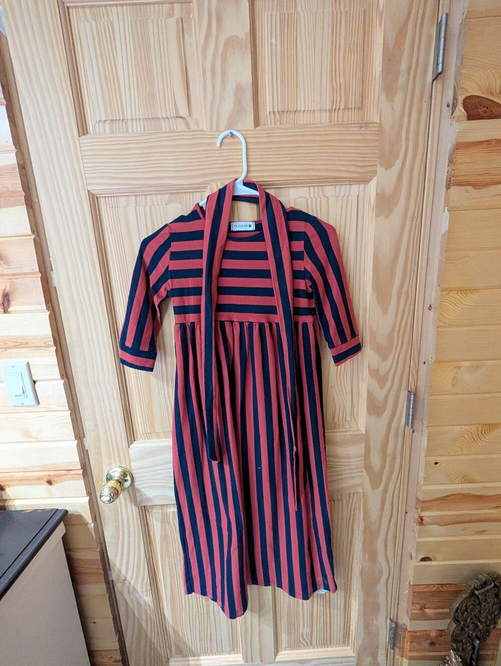 Nuggles Girls 12 Navy and Rust Stripe Long Sleeve Dress with Tie
